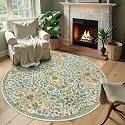 Round Rug 6ft Floral Circle Rug Green Botanical Indoor Area Rugs