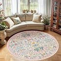 Round Rug 6ft Floral Circle Rug Pink Botanical Indoor Area Rugs