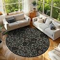 Round Rug 7ft Floral Circle Rug Black Botanical Indoor Area Rugs