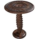 Round Side Table 18x22", Solid Wood Accent Stand, Hand-Carved, Burnt