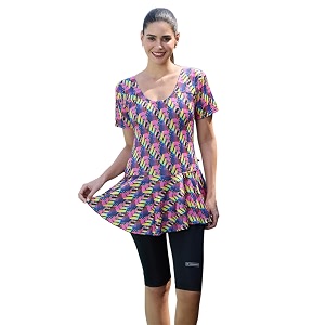 rovars poly jersy - printed swimming costume for women frock style half sleeves - half length - without pads
