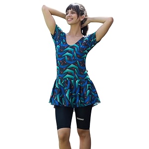 rovars poly jersy - printed swimming costume for women frock style half sleeves - half length - without pads