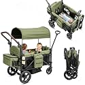 Rovique Wagon Stroller for 2 Kids, Convertible Baby Wagon with Bassinet Mode, Removable Canopy, Snack Tray, 5-Point Harness, All-Terrain PU Wheels, Adjustable Push Pull Handle (Olive Green)