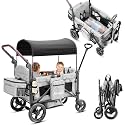 Rovique Wagon Stroller for 2 Kids,Premium Wagon for Kids with Removable Canopy, Snack Tray, Convertible Baby Bassinet, 5-Point Safety Harness, All-Terrain PU Wheels &amp; Adjustable Push/Pull Handle,Grey