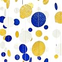 Royal Blue Gold White Party Polka Dot Garland Dark Blue Glitter Gold White Hanging Paper Circle Dots Streamer for Birthday Graduation Wedding Shower Retirement Nautical Party Decorations Supplies