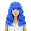 Royal Blue Wig Short Curly Wavy Wigs with Air Bangs Dark Blue Synthetic Hair Wigs for Women Girls Daily Halloween Use