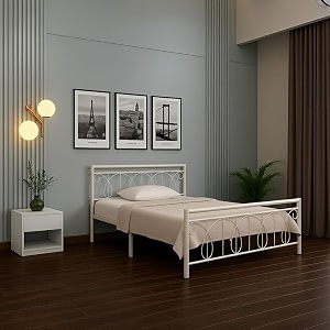 kovu metal queen size bed without storage  wrought iron double bed with headboard amp footboard  sturdy powder coated platform bed queen size cot for bedroom living room ivory 75x60