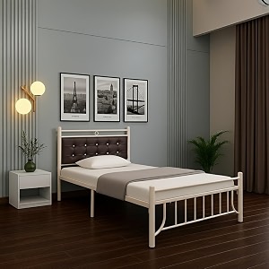 zuno metal single size bed without storage  wrought iron single bed with headboard amp footboard  sturdy powder coated platform bed for bedroom ivory 75x36