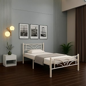 zyra metal single size bed without storage  wrought iron single bed with headboard amp footboard  sturdy powder coated platform bed for bedroom ivory 75x36