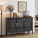 RoyalCraft Buffet Cabinet with Storage, Vintage Solid Wood Sideboard with 3 Carved Doors, Painted Coffee Bar Console Table for Dining Room, Living Room, Kitchen, Distressed Black