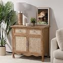 RoyalCraft Sideboard Buffet Cabinet, Solid Wood Accent Cabinet with 2 Carved Doors and 2 Drawers, Vintage Credenza for Kitchen, Living Room, Hallway, Natural Oak