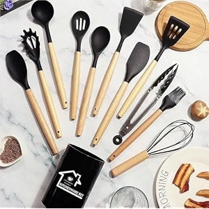 royalkart silicone kitchen utensil set 11 pieces cooking utensil with wooden handles and utensil holder bpa non-stick heat resistant kitchen tools set grey