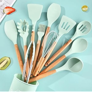 royalkart silicone kitchen utensil set 11 pieces cooking utensil with wooden handles and utensil holder bpa non-stick heat resistant kitchen tools set mint green