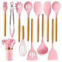 Royalkart Silicone Kitchen Utensil Set, 11 Pieces Cooking Utensil with Wooden Handles and Utensil Holder BPA Non-Stick, Heat Resistant, Kitchen Tools Set (Pink)
