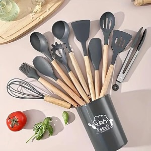 royalkart silicone kitchen utensil set 11 pieces cooking utensil with wooden handles and utensil holder bpa non-stick heat resistant kitchen tools set grey