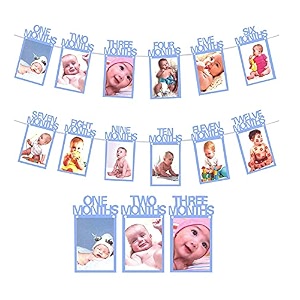 rozi decoration 1st birthday 12 cards monthly photo banner for baby girls birthday -blue