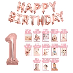 rozi decoration 1st birthday celebration princess photo theme paper bunting banner with 1 number amp happy birthday foil balloon set combo pink - pack of 3