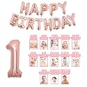 Rozi Decoration 1st Birthday Celebration Princess photo theme Paper Bunting Banner with 1 Number &amp; Happy Birthday Foil Balloon Set Combo (Pink) - Pack of 3
