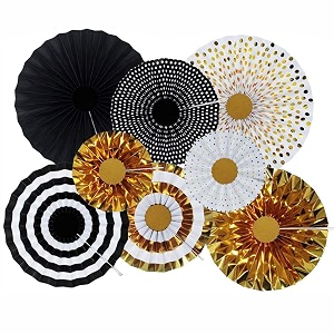 rozi decoration black gold paper fan for birthday wedding anniversary bachelorette valentine -set of 8
