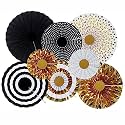 Rozi Decoration Black Gold Paper Fan for Birthday, Wedding, Anniversary, Bachelorette, Valentine -Set of 8