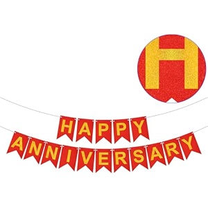 rozi decoration happy anniversary banner decoration  red and gold glitter paper cardstock hanging banner for wedding anniversary marriage anniversary party and home decoration