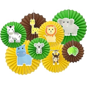 rozi decoration jungle theme paper fan for kids birthday animal character theme boys girls -set of 8 multicolor