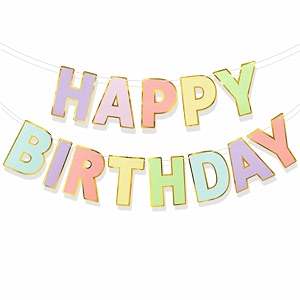 rozi decoration happy birthday banner pastel rainbow theme  gold edge cardstock letters reusable birthday decoration for kids girls boys adults 7 inch letters with ribbon multicolor