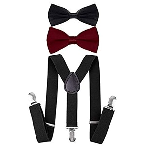 black suspender with 1 maroon and 1 black bow tie set for kids 2 to 5yrs