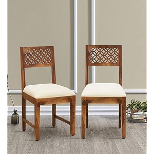 solid sheesham wood set of 2 dining chairs only  wooden two seater dinning chair with cushion for kitchen amp dining room  rosewood rustic teak finish 2 seats
