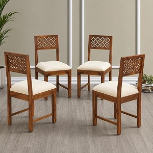 solid sheesham wood set of 4 dining chairs only  wooden four seater dinning chair with cushion for kitchen amp dining room  rosewood rustic teak finish 4 seats