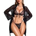 RSLOVE Women Sexy Lingerie Set - 3 Piece Bra and Panty Sets with Lace Kimono Robe Sheer Sleepwear Mesh Nightgown