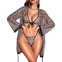 RSLOVE Women Sexy Lingerie Set - 3 Piece Bra and Panty Sets with Lace Kimono Robe Sheer Sleepwear Mesh Nightgown