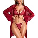RSLOVE Women Sexy Lingerie Set - 3 Piece Bra and Panty Sets with Lace Kimono Robe Sheer Sleepwear Mesh Nightgown