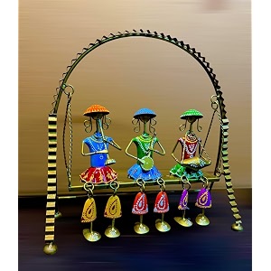 rsn retro style decorative handpainted metal iron tribal rajasthani musicians sitting on jhula decorative showpiece for home office length 155 inch  height 15 inch