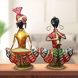 rsn retro style decorative tribal rajasthani musician metal showpiece idol amp statue for home living room office bedroom table top with tealight holder perfect for gifting size-85 x 5 inches