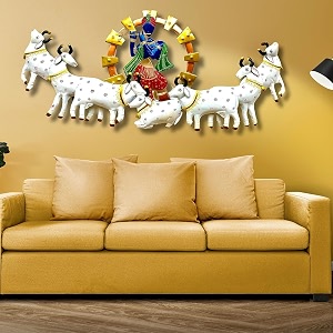 rsn retro style metal handpainted rustic iron wall hanging of 7 cow krishna art sculpture for home office wall decorwall hanging 55 inches