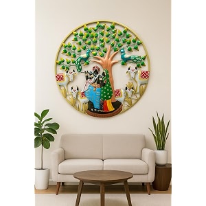 rsn retro style metal handpainted rustic iron wall hanging of radha krishna with cows art sculpture for home office wall decorwall hanging 32 x 32 inches
