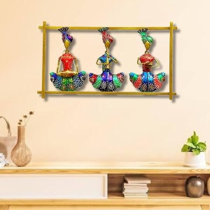 rsn retro style metal handpainted rustic iron wall hanging of 3 rajasthani musician art sculpture for home office wall decorwall hanging 19 x 105 inches