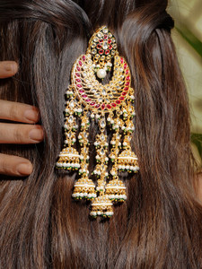 rubans 22k gold-plated ruby red  green stone-studded temple hair accessory back pin gold