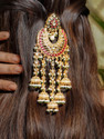 RUBANS 22K Gold-Plated Ruby Red & Green Stone-Studded Temple Hair Accessory Back Pin (Gold)