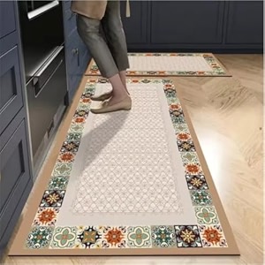 homecloud rubber kitchen mats for floor set of 2 pcs  non-skid soft absorbent rectangular rugs for kitchen laundry and hallway  120x40cm 40x60cm  4mm thickness beige_border