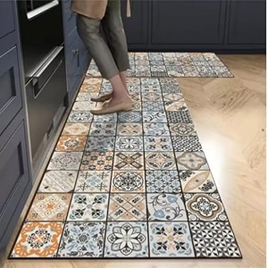 homecloud rubber rectangular kitchen mats for floor set of 2 pcs  non-skid soft absorbent rugs for kitchen laundry and hallway  120x40cm 40x60cm  4mm thickness orange_multi