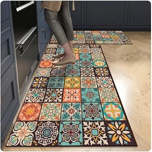 homecloud rubber kitchen mats for floor set of 2 pcs  non-skid soft absorbent rugs for kitchen laundry and hallway  120x40cm 40x60cm 4mm thickness blue_brown_multi