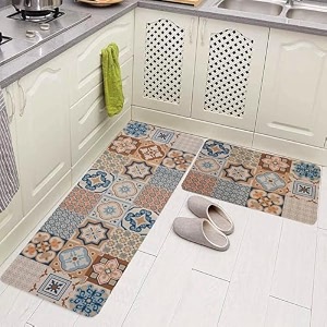 homecloud rubber rectangular kitchen mats for floor set of 2 pcs  non-skid soft absorbent rugs for kitchen laundry and hallway  120x40cm 40x60cm 4mm thickness beige_multi