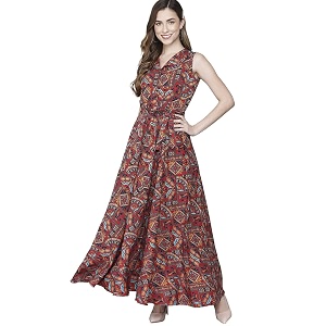 Rudraaksha Womens Printed Maxi Dress Sleeveless Fit