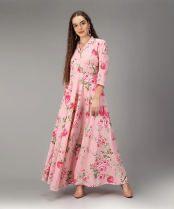 Rudraaksha Women A-line Pink Green Maxi Full