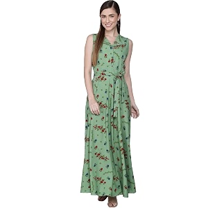 Rudraaksha Womens Printed Maxi Dress Sleeveless Fit