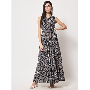 Rudraaksha Womens Printed Maxi Dress Sleeveless Fit
