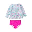 RuffleButts Girls Scalloped Long Sleeve - 2-Piece Rash Guard Swim UPF 50+