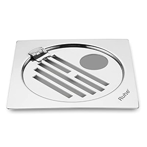 ruhe classic neon square flat cut floor drain 5 x 5 inches with hole and hinged grating top  premium stainless steel waste water drain jali for bathroom kitchen and balcony  glossy finish
